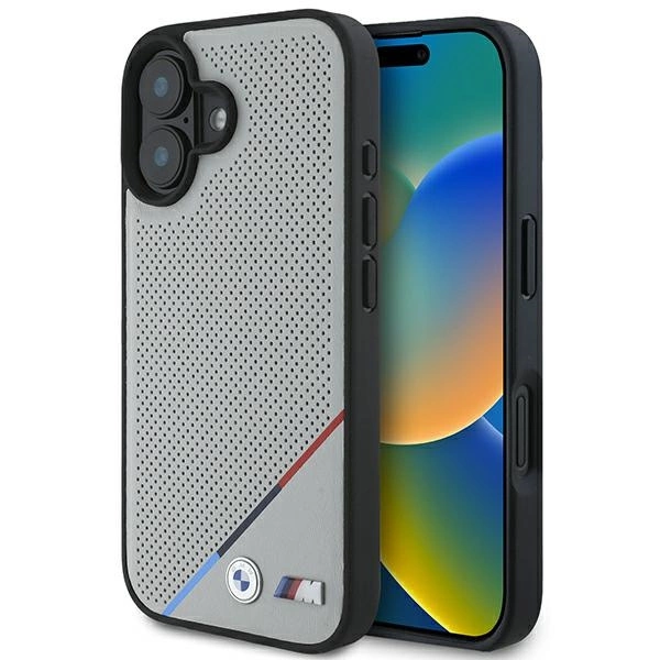 BMW M perforēts trīskrāsu līnijas MagSafe futrālis iPhone 16 - pelēks | Perforated Tricolor Line Case for gray