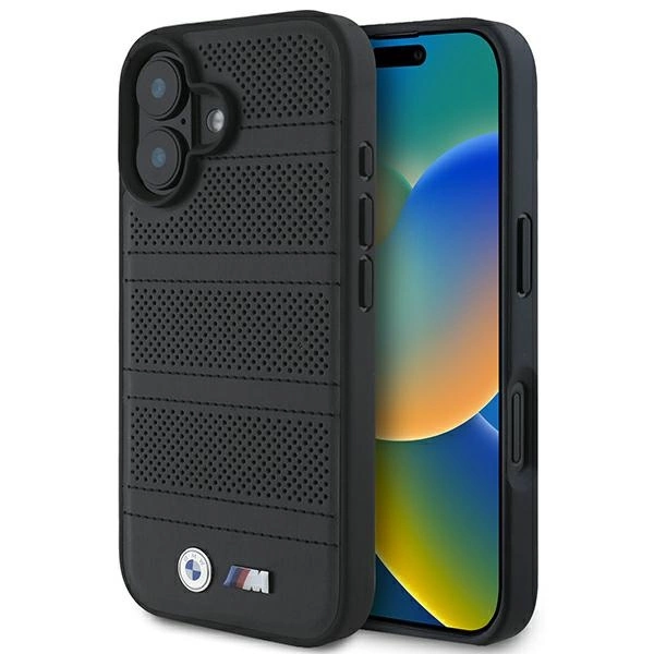 BMW M perforēts un cauršūts MagSafe futrālis ar līnijām iPhone 16 - melns | Perforated And Stitched Line Case For...