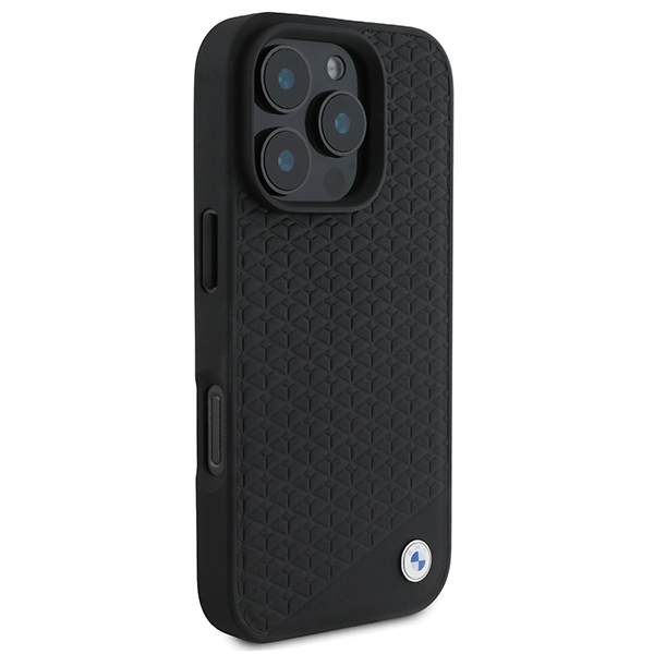 BMW iPhone 16 Pro Max Case Signature Leather Diamond Metal Logo MagSafe, Black