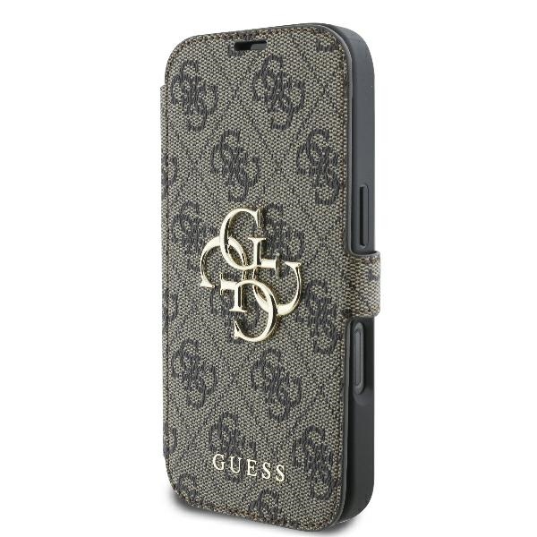 Apple iPhone 16 Pro 6.3\" Guess 4G Metal Logo Book Case Cover, Brown
