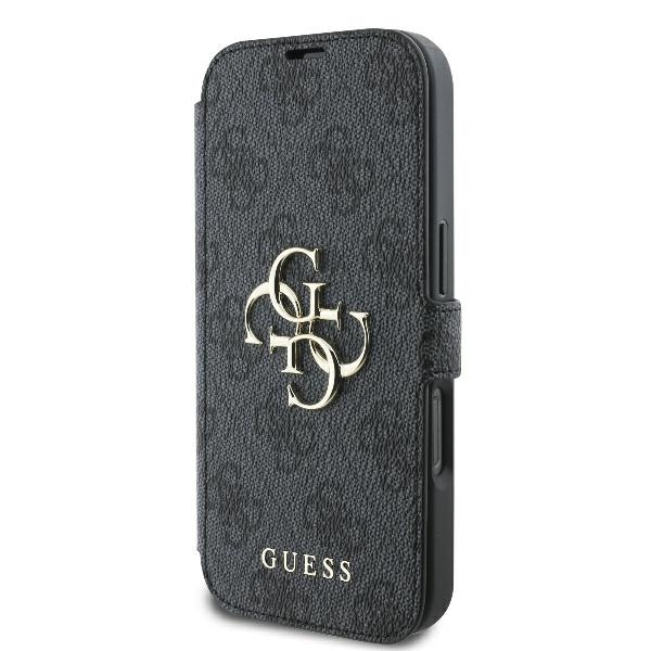 Apple iPhone 16 Pro 6.3\" Guess 4G Metal Logo Book Case Cover, Black