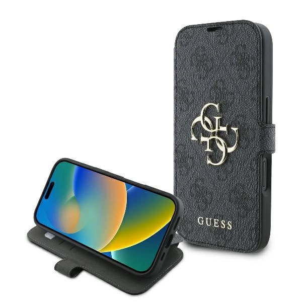 Apple iPhone 16 6.1" Guess 4G Metal Logo Book Case Cover, Black | Telefona Vāciņš Maciņš Apvalks Grāmatiņa