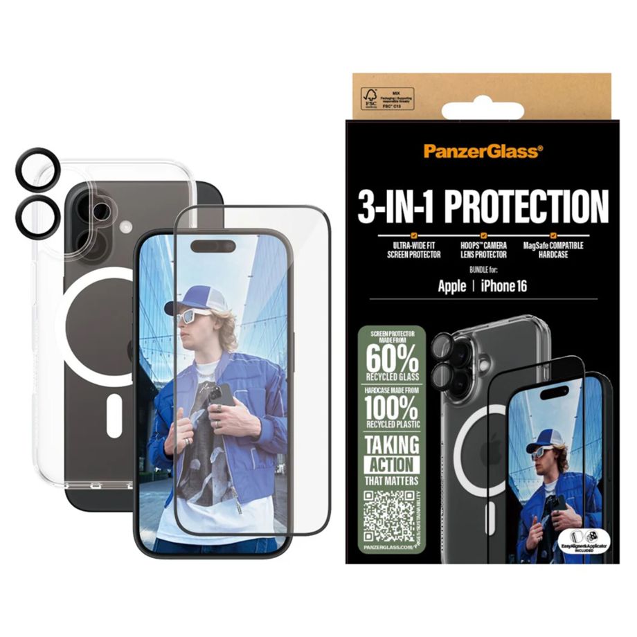 PanzerGlass 3-in-1 aizsardzības komplekts iPhone 16 (vāciņš + stikls + lēcu aizsargs)
