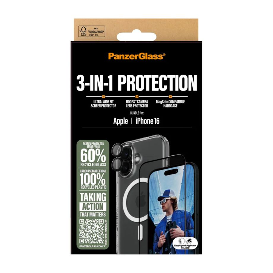 PanzerGlass 3-in-1 aizsardzības komplekts iPhone 16 (vāciņš + stikls + lēcu aizsargs)