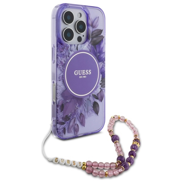 Чехол Guess IML Flowers With Pearl Strap MagSafe для iPhone 16 Pro Max - фиолетовый