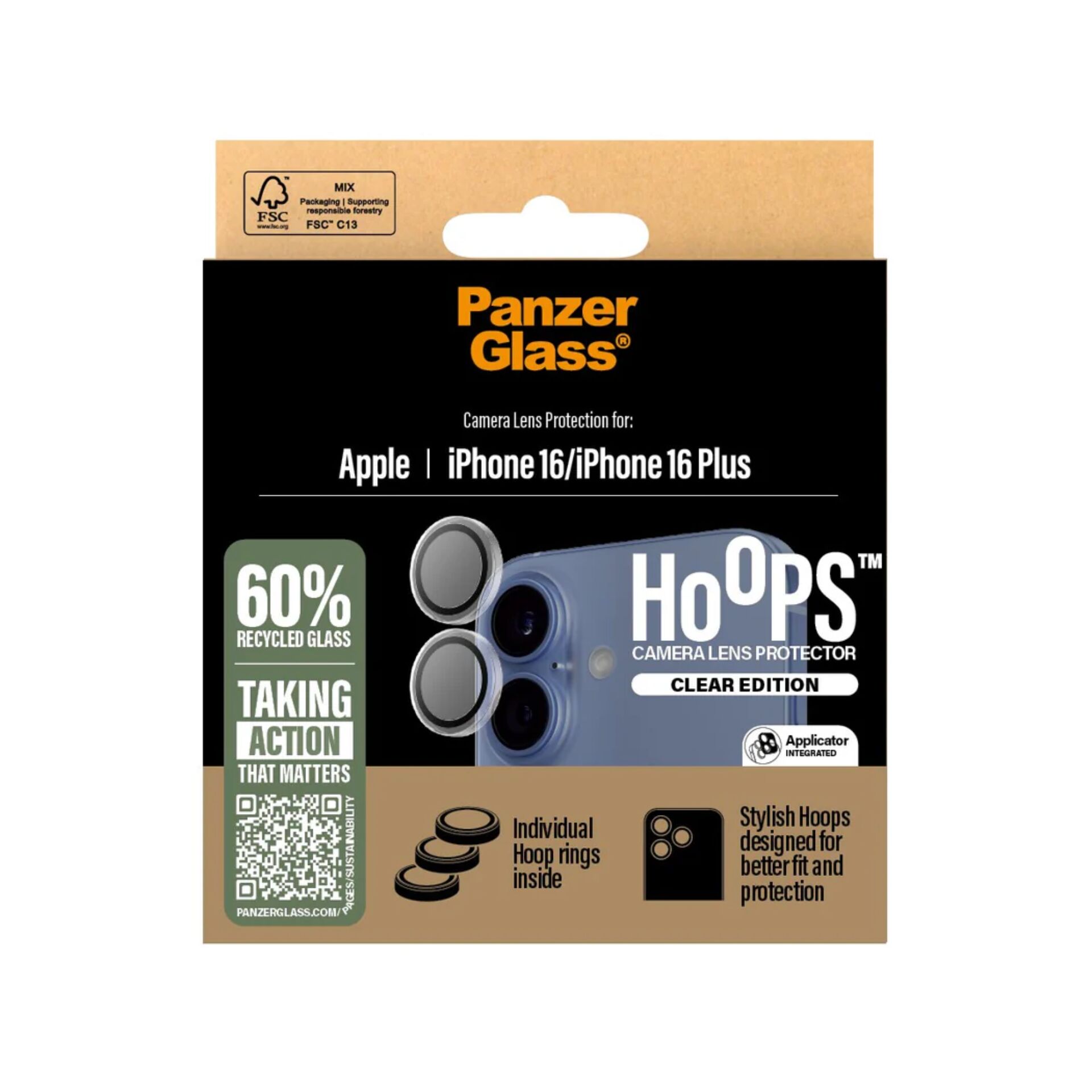 Защитное стекло для камеры Panzerglass Hoops iPhone 16 / 16 Plus, Прозрачное