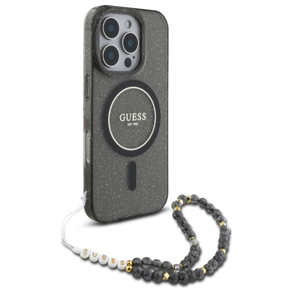 Чехол Guess IML Glitter With Pearl Strap MagSafe для iPhone 16 Pro - черный