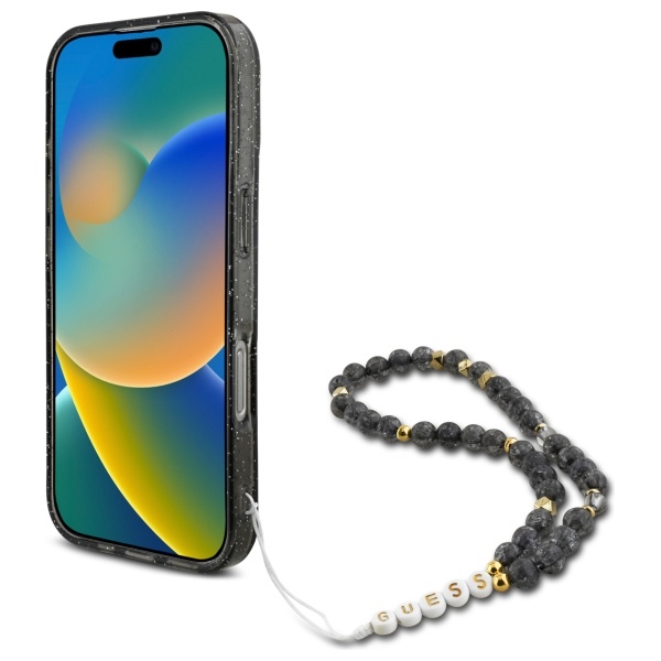 Чехол Guess IML Glitter With Pearl Strap MagSafe для iPhone 16 Pro - черный