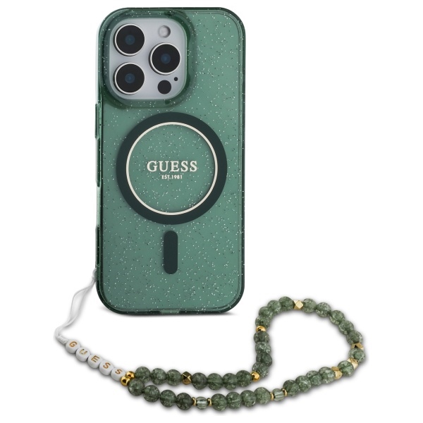 Guess iPhone 16 Pro Max vāciņš IML Glitter With Pearl Strap MagSafe, zaļš