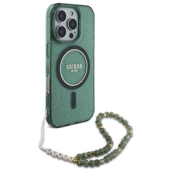 Guess iPhone 16 Pro Max vāciņš IML Glitter With Pearl Strap MagSafe, zaļš