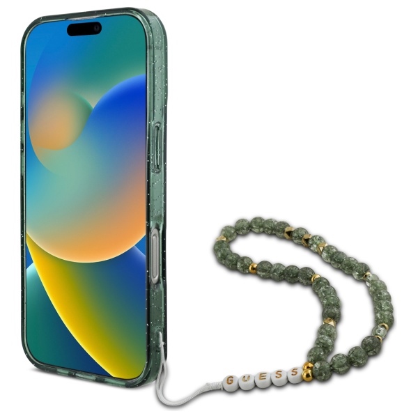Guess iPhone 16 Pro Max vāciņš IML Glitter With Pearl Strap MagSafe, zaļš