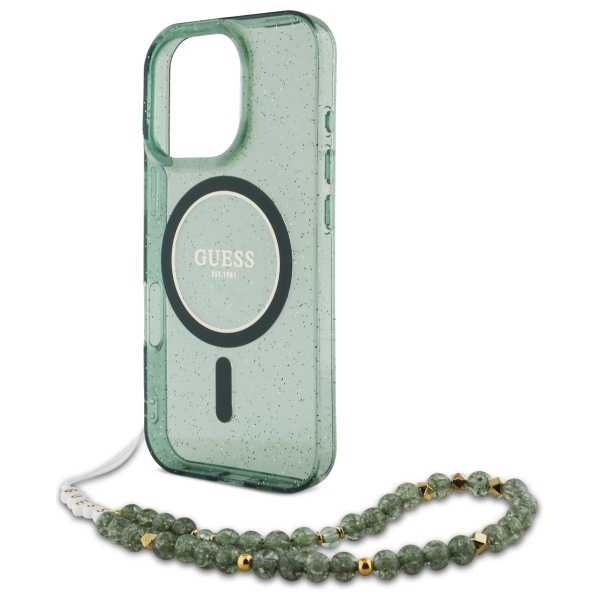 Guess iPhone 16 Pro Max vāciņš IML Glitter With Pearl Strap MagSafe, zaļš