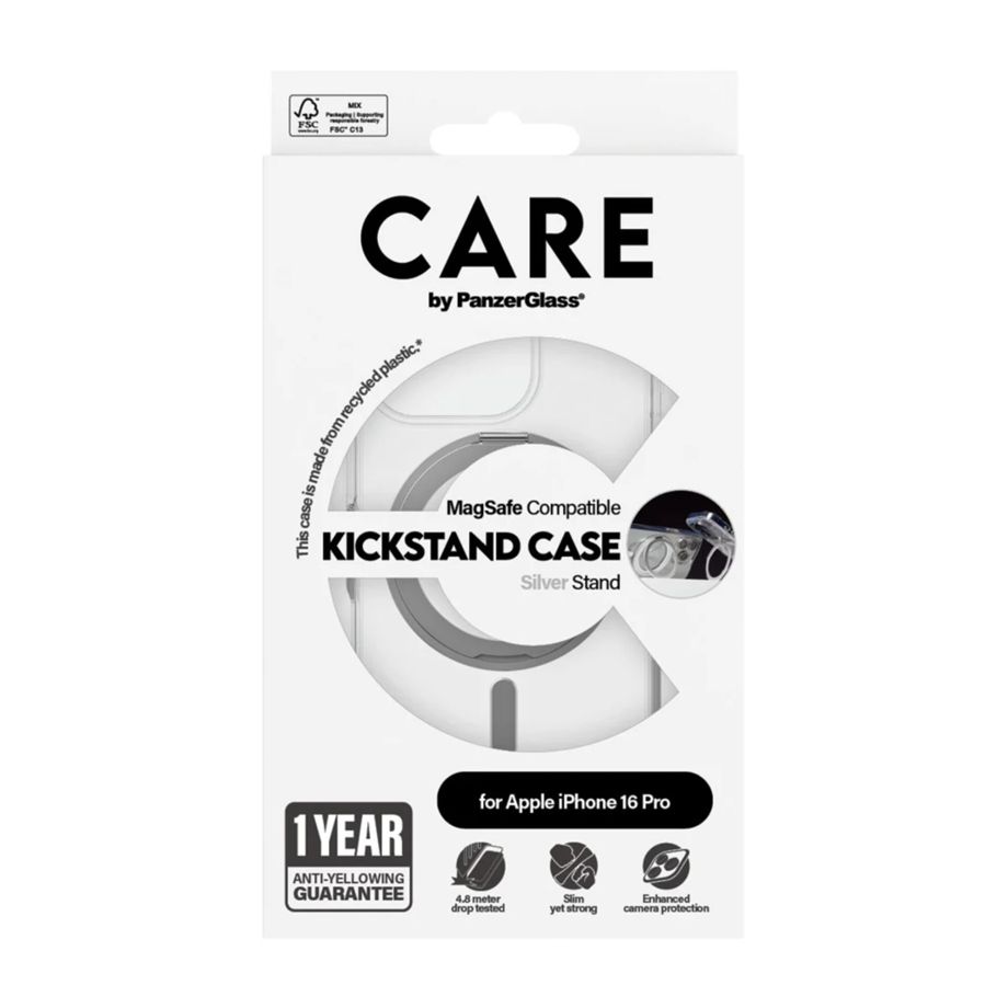 CARE by PanzerGlass Feature Kickstand Case for iPhone 16 Pro, Silver MagSafe 1326