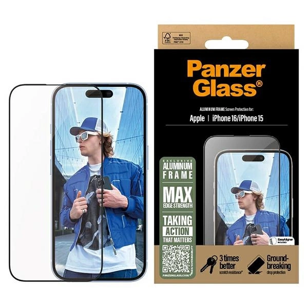 PanzerGlass ekrāna aizsargstikls Alumīnija aizsargvāciņš iPhone 16 6,1" Ultra-Wide Fit 2849 | Screen...