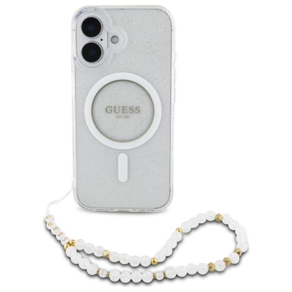 Guess iPhone 16 Plus vāciņš IML Glitter With Pearl Strap MagSafe, caurspīdīgs
