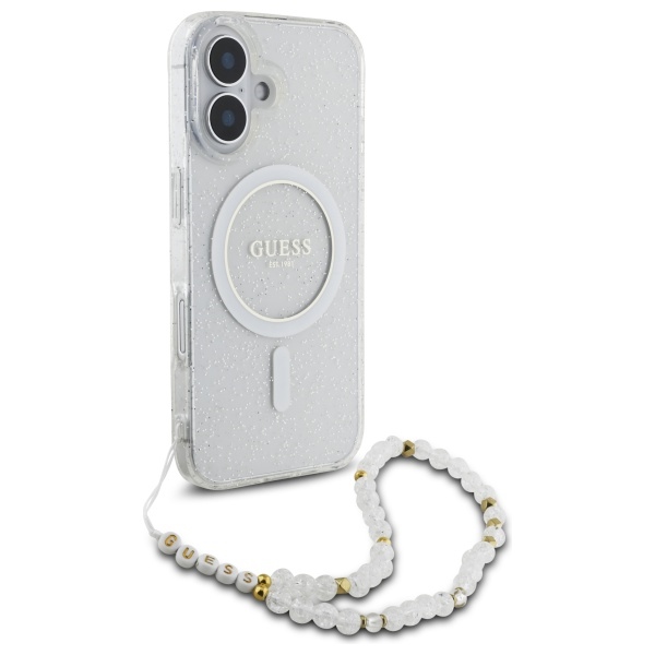 Guess iPhone 16 Plus vāciņš IML Glitter With Pearl Strap MagSafe, caurspīdīgs