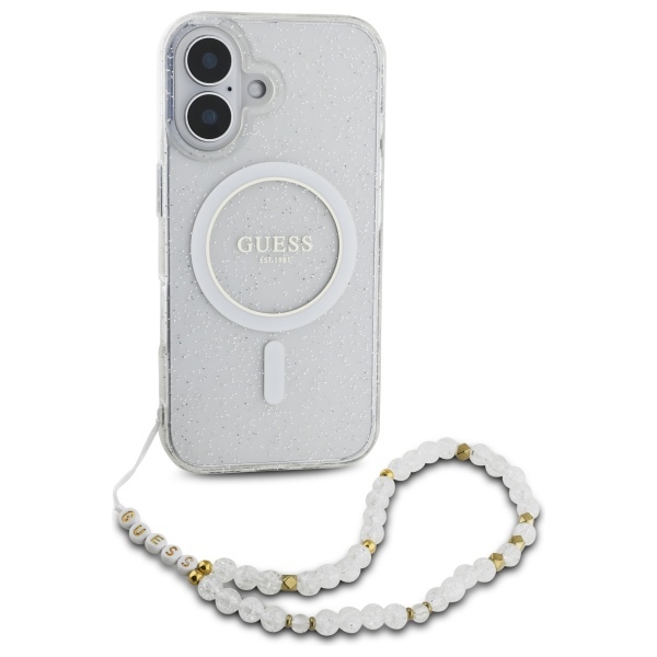 Guess iPhone 16 Plus vāciņš IML Glitter With Pearl Strap MagSafe, caurspīdīgs