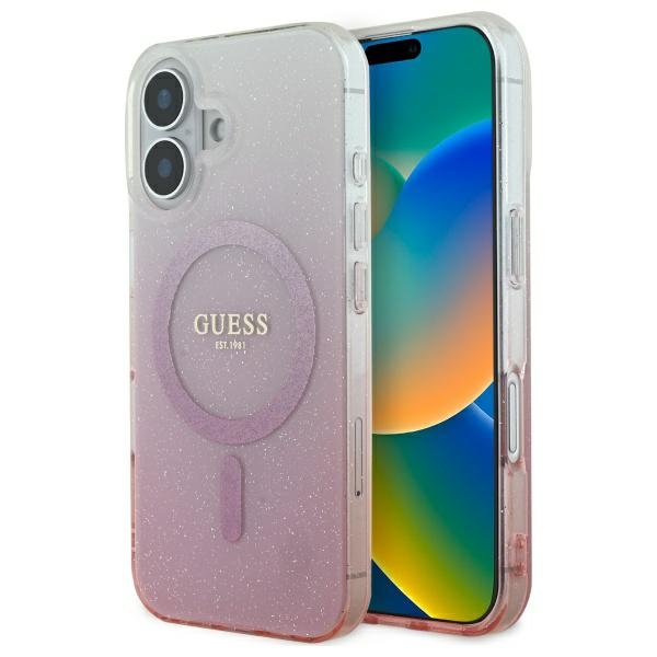 Guess iPhone 16 Plus vāciņš IML Glitter Gradient MagSafe, rozā