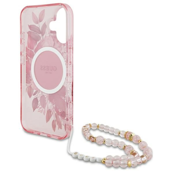 Guess IML Flowers With Pearl Strap MagSafe iPhone 16 Plus Case - Pink