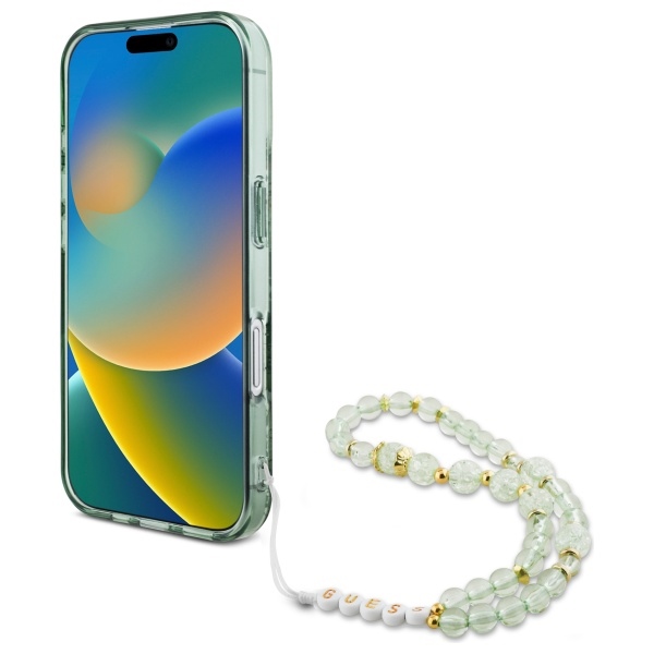 Guess iPhone 16 Plus vāciņš IML Flowers With Pearl Strap MagSafe, zaļš