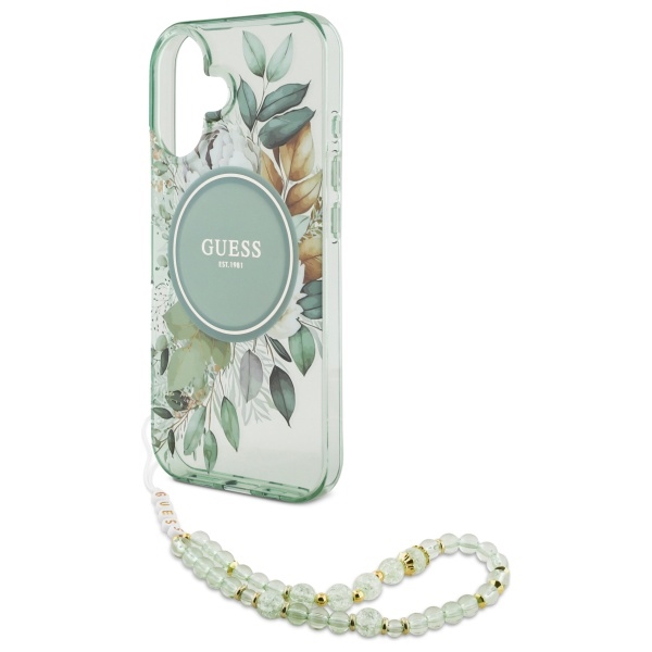 Guess iPhone 16 Plus vāciņš IML Flowers With Pearl Strap MagSafe, zaļš