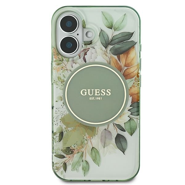 Guess iPhone 16 Plus vāciņš IML Flower & Tonal Circle MagSafe, zaļš