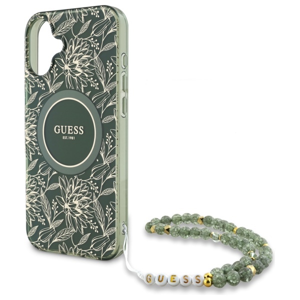 Guess iPhone 16 Plus vāciņš IML Flowers Allover Electro ar pērļu siksniņu, zaļš