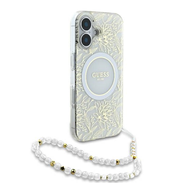 Guess IML Flowers Allover Electro With Pearl Strap MagSafe case for iPhone 16 Plus - white