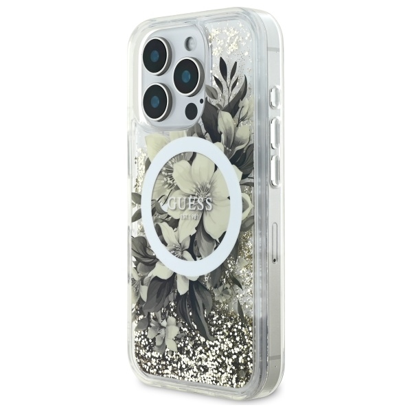 Guess iPhone 16 Pro vāciņš Liquid Glitter Flower MagSafe, bēšs