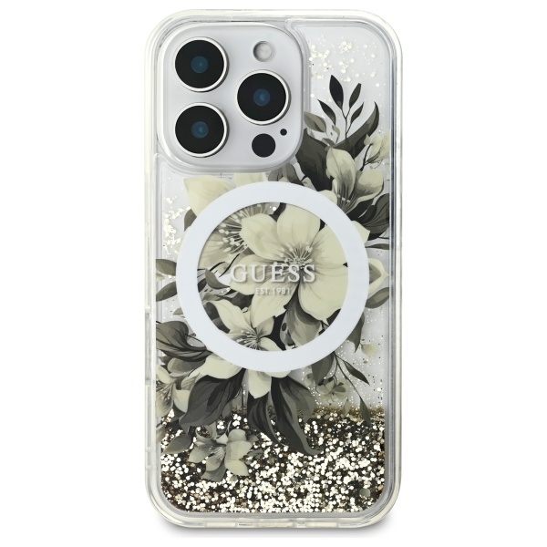 Guess iPhone 16 Pro vāciņš Liquid Glitter Flower MagSafe, bēšs