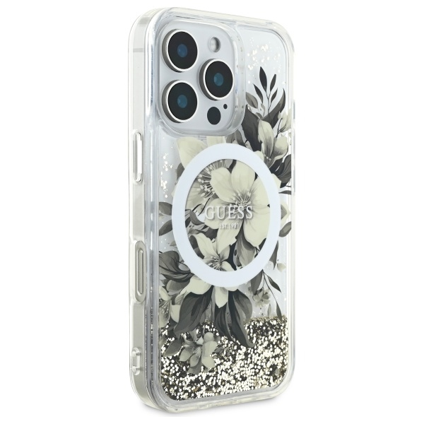 Guess iPhone 16 Pro vāciņš Liquid Glitter Flower MagSafe, bēšs