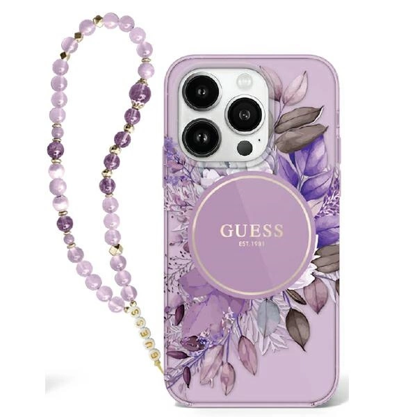 Guess IML Flowers With Pearl Strap MagSafe case for iPhone 16 Pro - purple