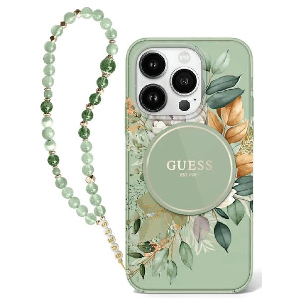 Guess IML Flowers With Pearl Strap MagSafe apvalks iPhone 16 Pro - zaļš | case for green