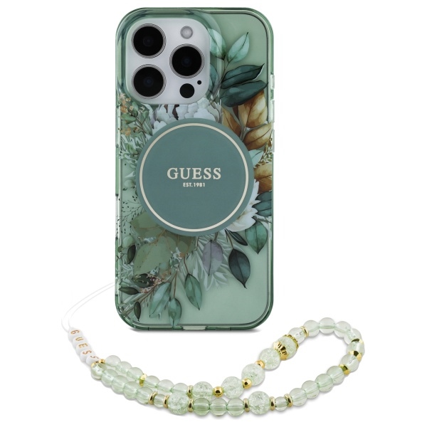 Чехол Guess IML Flowers With Pearl Strap MagSafe для iPhone 16 Pro - зеленый