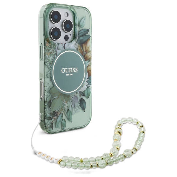 Чехол Guess IML Flowers With Pearl Strap MagSafe для iPhone 16 Pro - зеленый
