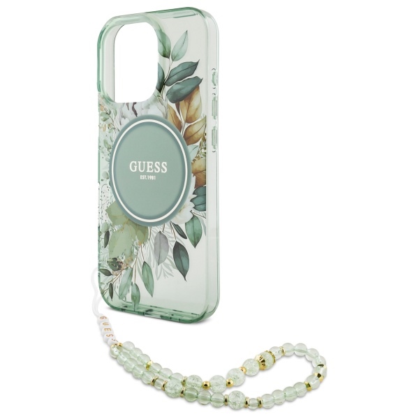 Чехол Guess IML Flowers With Pearl Strap MagSafe для iPhone 16 Pro - зеленый