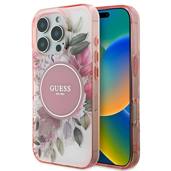 Guess IML Flower & Tonal Circle MagSafe iPhone 16 Pro futrālis - Rozā krāsā | Case Pink