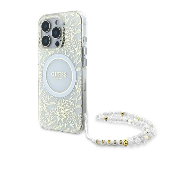 Guess IML Flowers Allover Electro With Pearl Strap MagSafe apvalks iPhone 16 Pro - balts | case for white