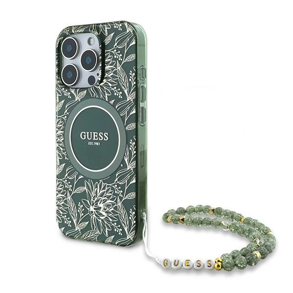 Guess IML Flowers Allover Electro With Pearl Strap MagSafe apvalks iPhone 16 Pro - zaļš | case for green
