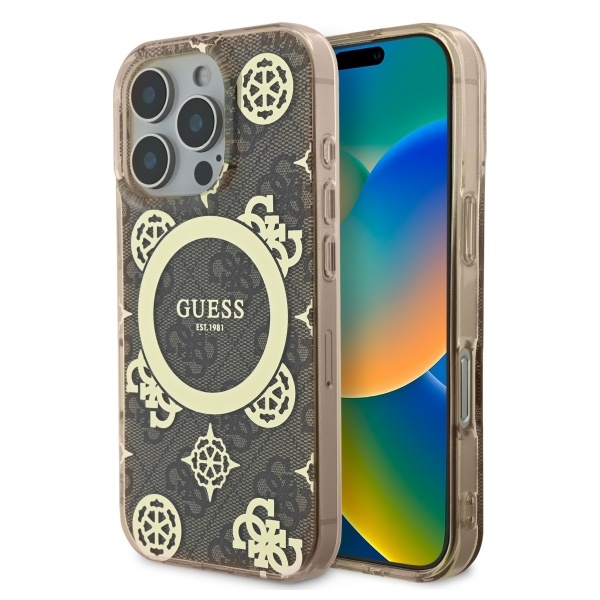 Guess IML Peony On 4G Background MagSafe futrālis iPhone 16 Pro - Brūns | Case for Brown