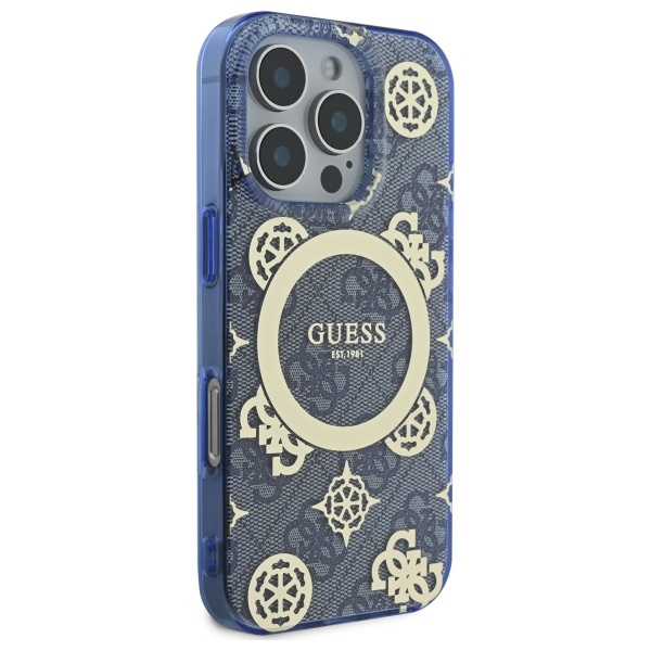 Guess iPhone 16 Pro Case IML Peony On 4G Background MagSafe, Blue