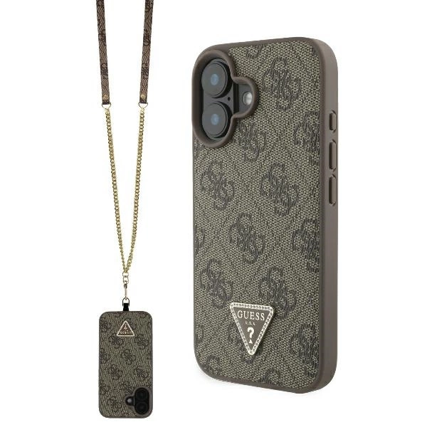 Guess iPhone 16 Wallet Case Leather Metal Logo Strass Crossbody, Brown