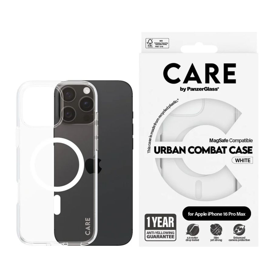 CARE by PanzerGlass Flagship MagSafe futrālis iPhone 16 Pro Max, caurspīdīgs balts