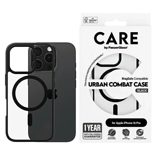 CARE by PanzerGlass Case for iPhone 16 Pro with MagSafe, Clear with Black Frame