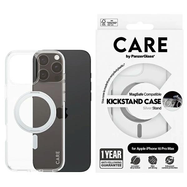 CARE by PanzerGlass Feature Kickstand Case for iPhone 16 Pro Max, Silver, MagSafe