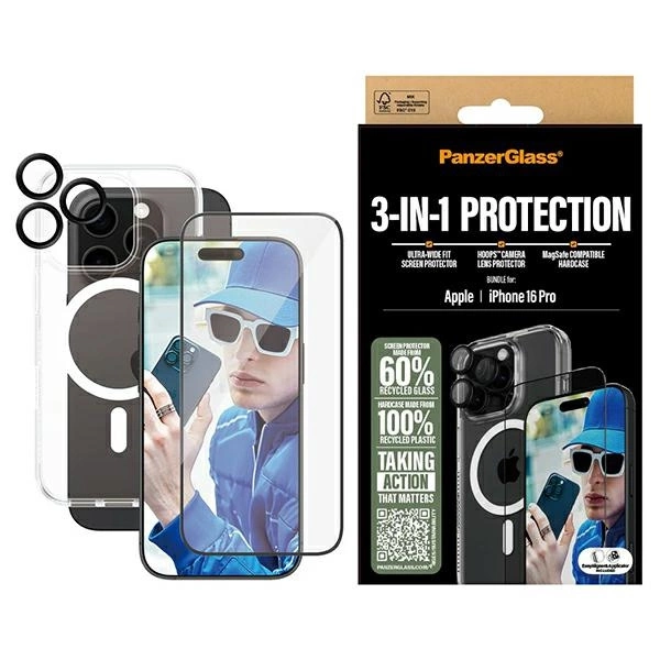 PanzerGlass komplekts 3v1 iPhone 16 Pro 6,3" D3O cietais futrālis + aizsargstikls UWF+ objektīvs B1292+2862+1284...