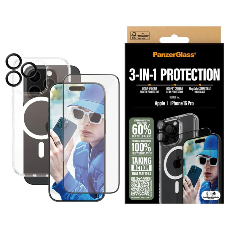 Комплект PanzerGlass 3в1 для iPhone 16 Pro: чехол, стекло и защита камер