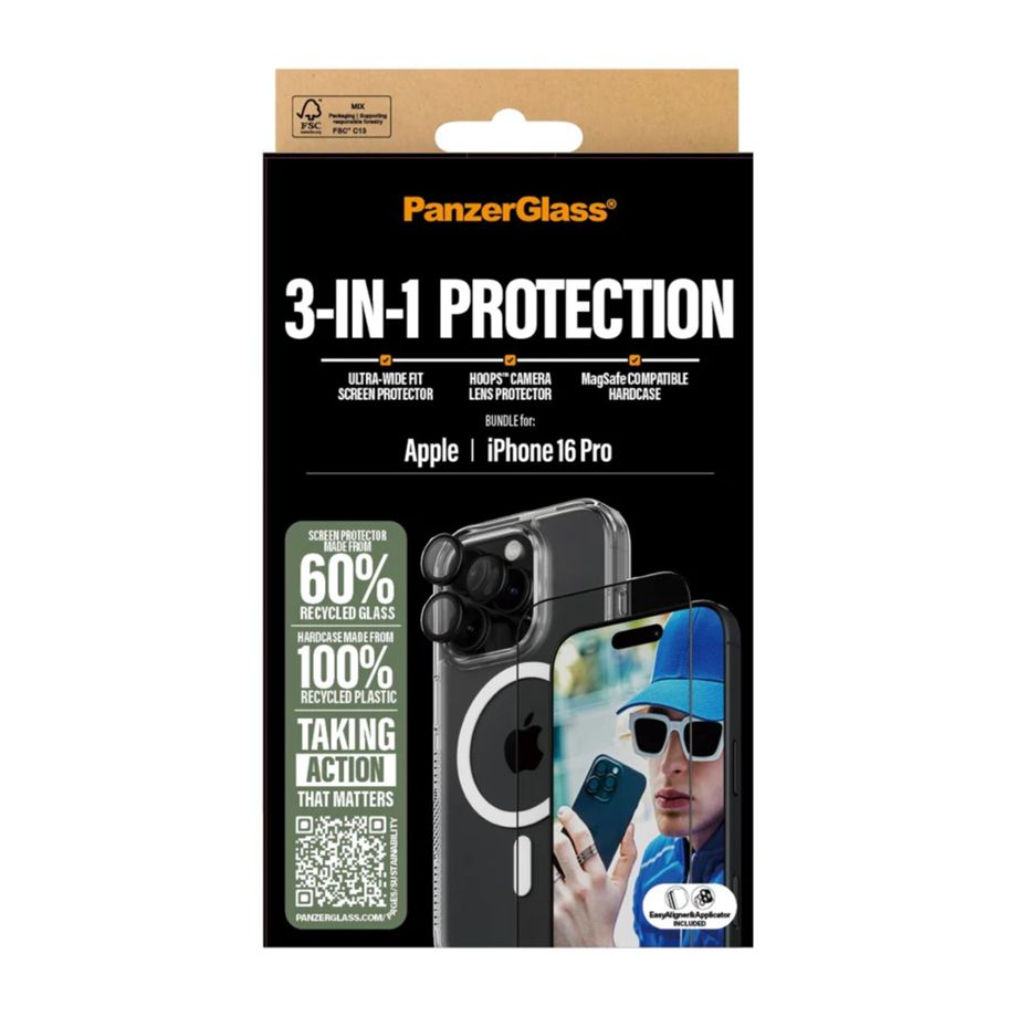 Комплект PanzerGlass 3в1 для iPhone 16 Pro: чехол, стекло и защита камер