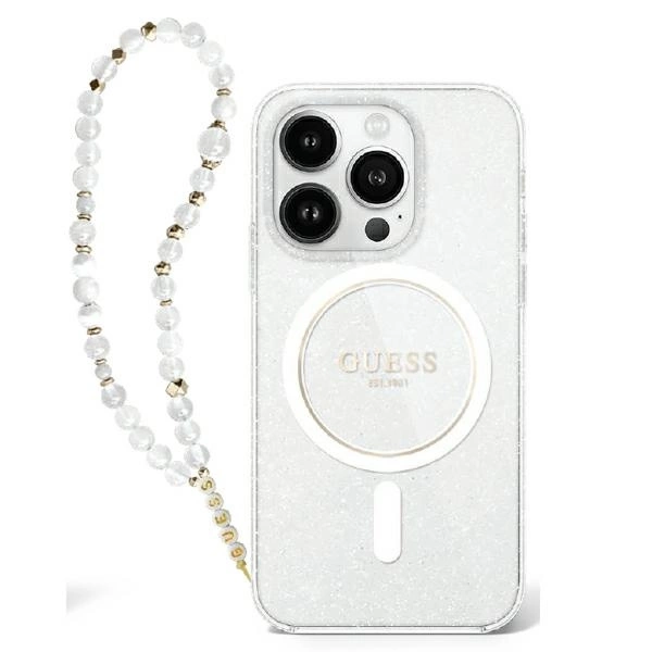 Guess IML spīdums ar pērļu siksniņu MagSafe iPhone 16 korpuss - caurspīdīgs | Glitter With Pearl Strap Case Clear