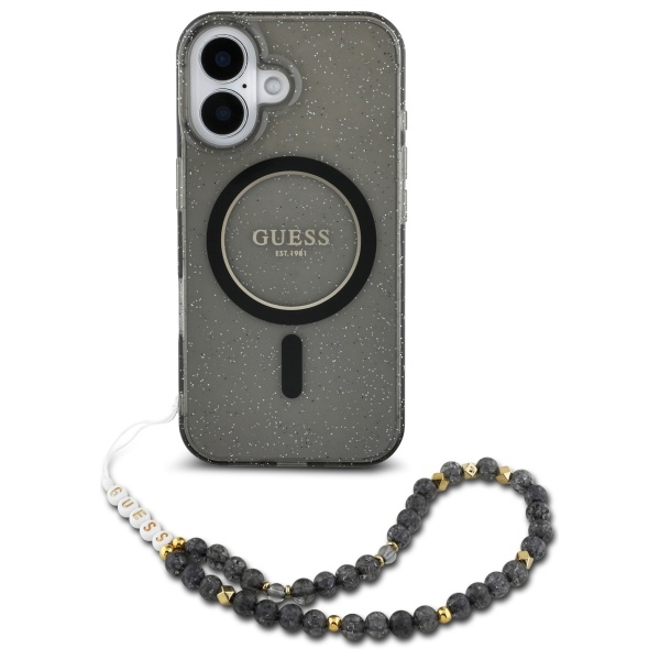 Guess iPhone 16 Case IML Glitter With Pearl Strap MagSafe, Black